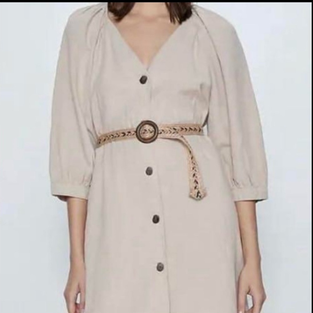 Zara Beige Button-Down Dress with Belt